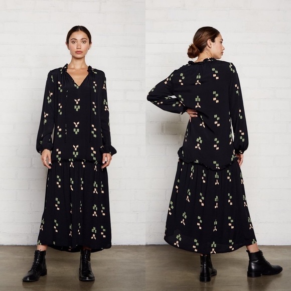 Rachel Pally Small Black Gail Printed V-Neck Long Sleeve Drop-Waist Maxi Dress - Picture 1 of 5